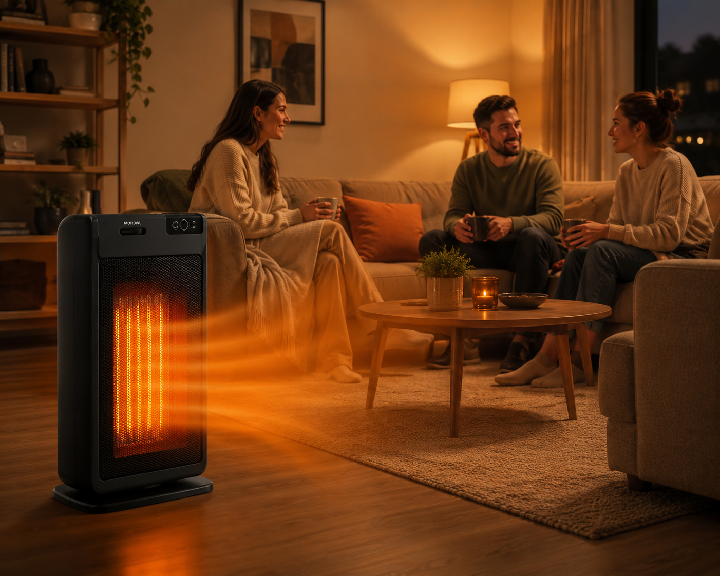 Aquecedor portátil aquecendo uma sala moderna enquanto pessoas conversam confortavelmente no sofá.