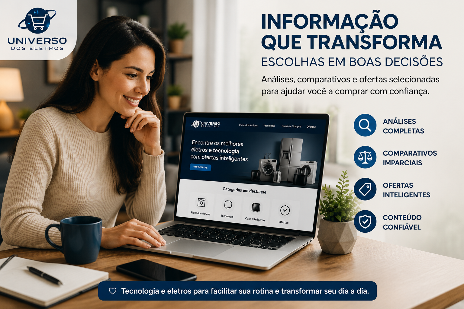 Mulher pesquisando eletrodomésticos e tecnologia em um notebook enquanto acessa o portal Universo dos Eletros em uma mesa de trabalho moderna.