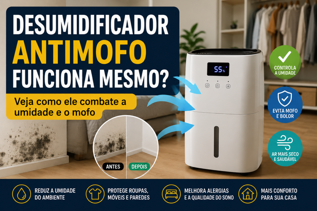 Desumidificador antimofo moderno em quarto úmido mostrando combate ao mofo, controle de umidade e melhoria da qualidade do ar.
