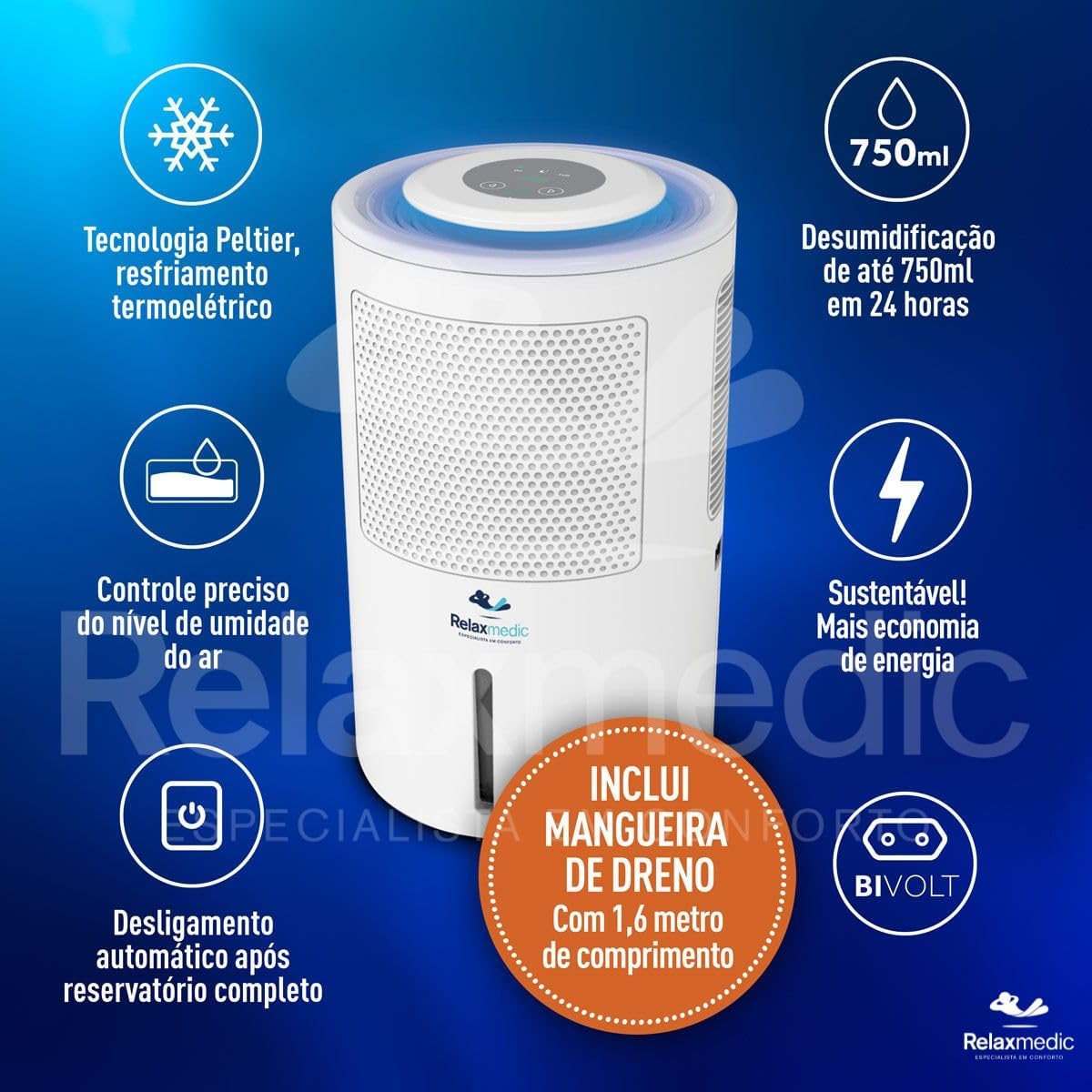 Desumidificador antimofo moderno em quarto úmido mostrando combate ao mofo, controle de umidade e melhoria da qualidade do ar.