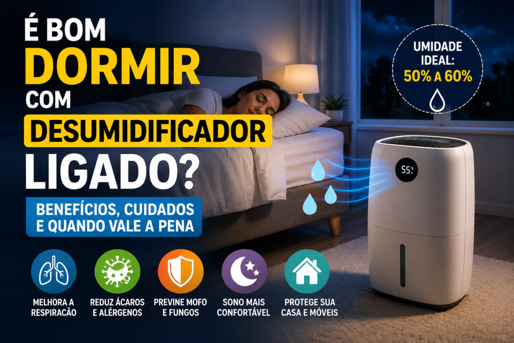 Mulher dormindo em quarto confortável com desumidificador ligado durante a noite para controlar a umidade do ar e melhorar a qualidade do sono.