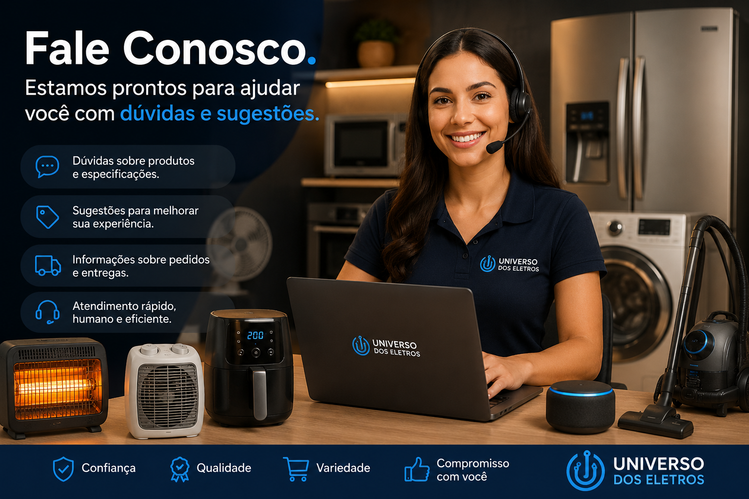 Imagem moderna de atendimento ao cliente com elementos de tecnologia, eletrodomésticos e comunicação digital representando suporte e contato no Universo dos Eletros.