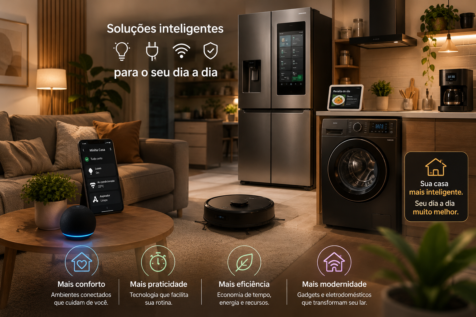 Sala moderna com eletrodomésticos inteligentes e gadgets conectados trazendo conforto, praticidade e tecnologia para o dia a dia.
